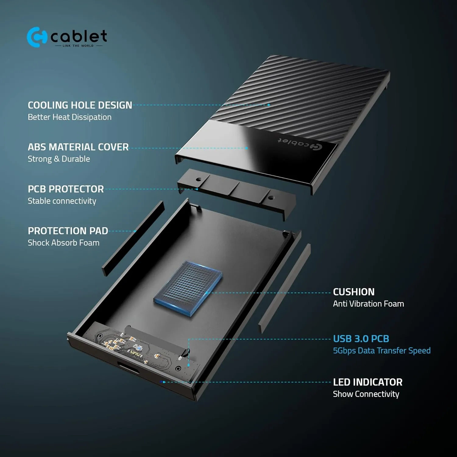 Cablet SSD Casing 2.5 Inch Sata Enclosure USB 3.2 (HD2577-U3) view 3